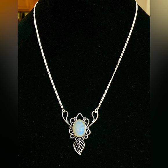 Hand Crafted Jewelry - Genuine Rainbow Moonstone 925 Sterling Silver Plated fairy pendant necklace 18”